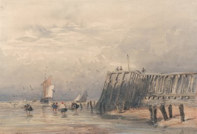 Segelbarken und Garnelenfischer vor einem Pier von David Cox